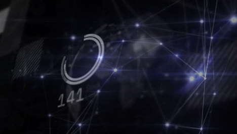 Circular gauge displaying 142 being animated in dark digital HUD, with glowing nodes and fine lines