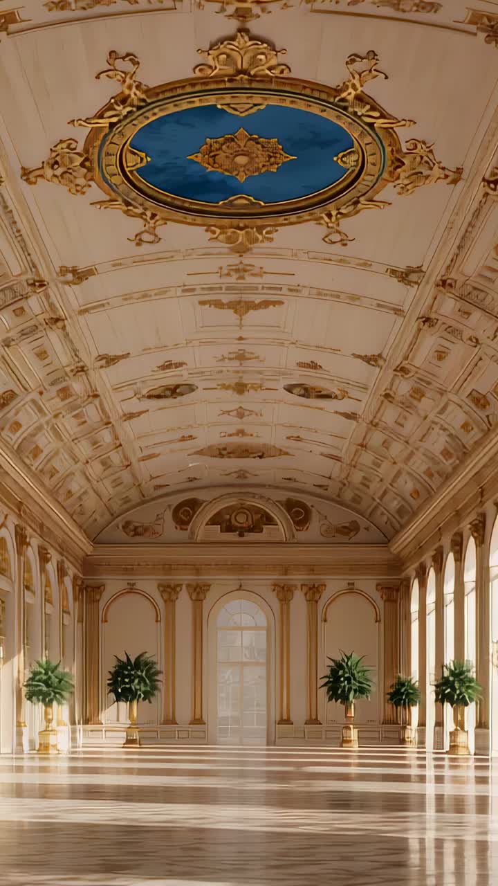 Vertical video: Camera tilting upward from wide shot to capture palace hall medallion above columns