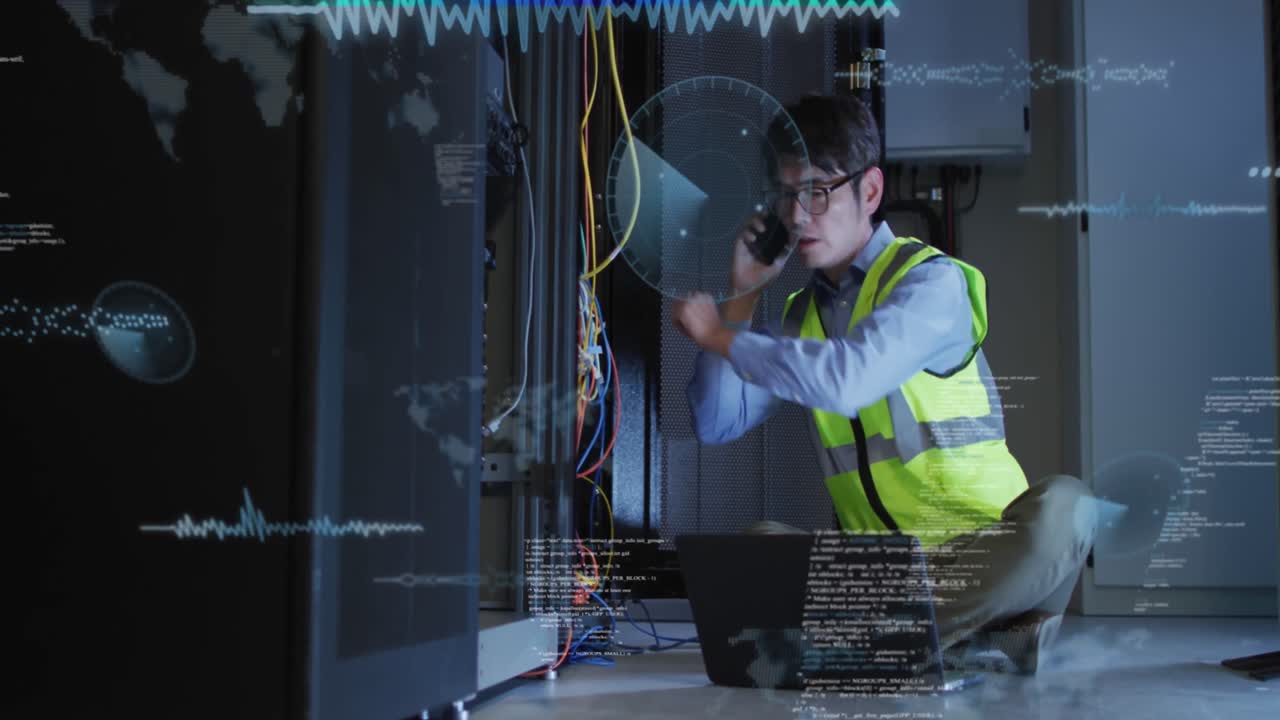 Animation of data processing over asian male engineer talking on smartphone at computer server room