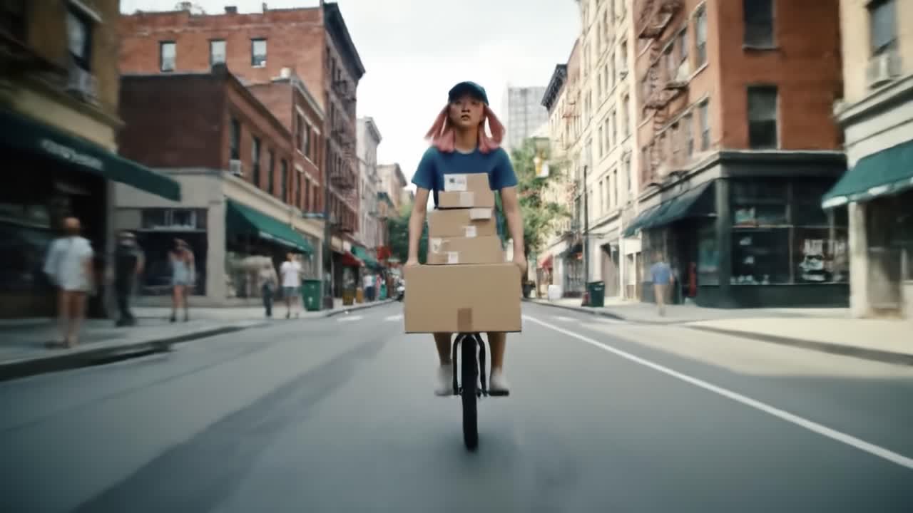 A person with pink hair rides a bicycle, balancing multiple cardboard boxes, while navigating busy city streets under bright sunlight. The urban backdrop enhances the dynamic delivery experience.