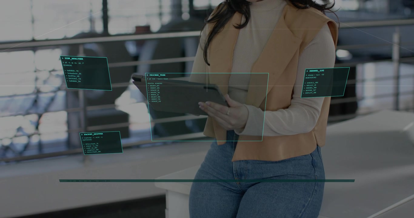 Business woman leaning on desk tapping tablet causing HUD panels animating into grid reviewing data