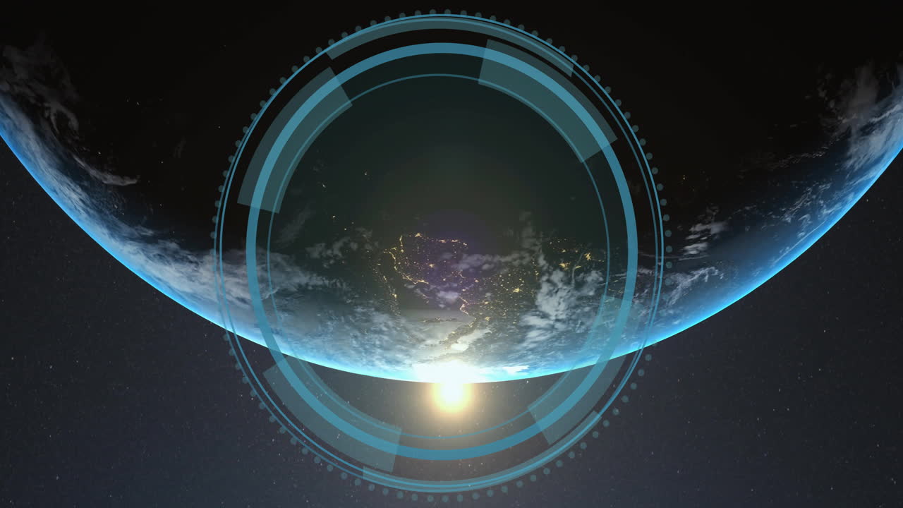 태양이 뜨는 공간에서 지구 위의 디지털 인터페이스 애니메이션