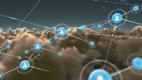 Animation-of-networks-of-connections-with-icons-over-sky