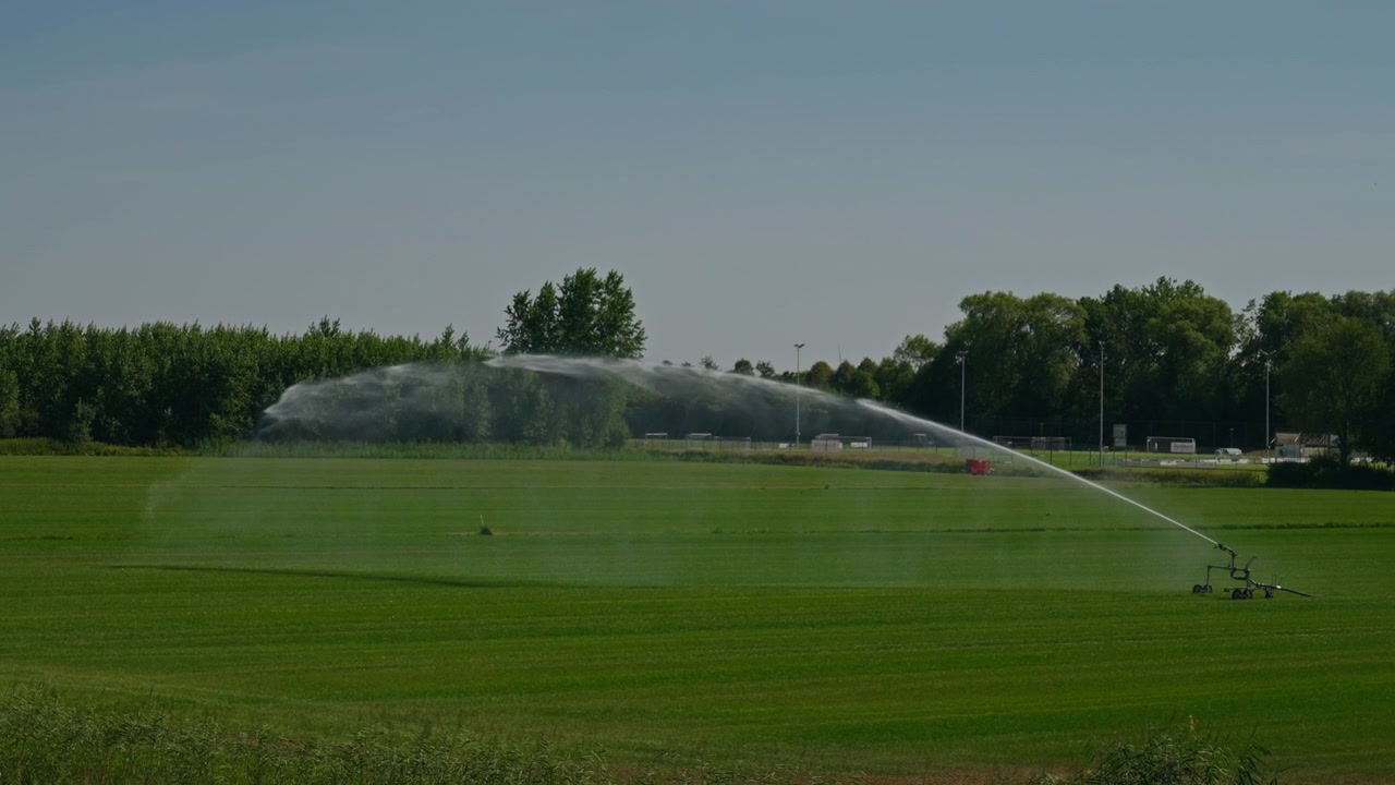 Vista statica di un irrigatore che annaffia un campo d'erba verde, creando un bellissimo arco di spruzzi contro alberi e un cielo estivo azzurro limpido, con un campo da calcio dietro.