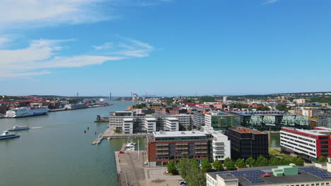 city buildings along the beautiful coastline of gothenburg, sweden - aerial shot