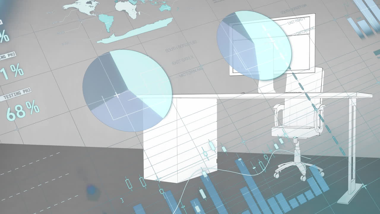 Animation of financial data processing with statistics over desk with computer