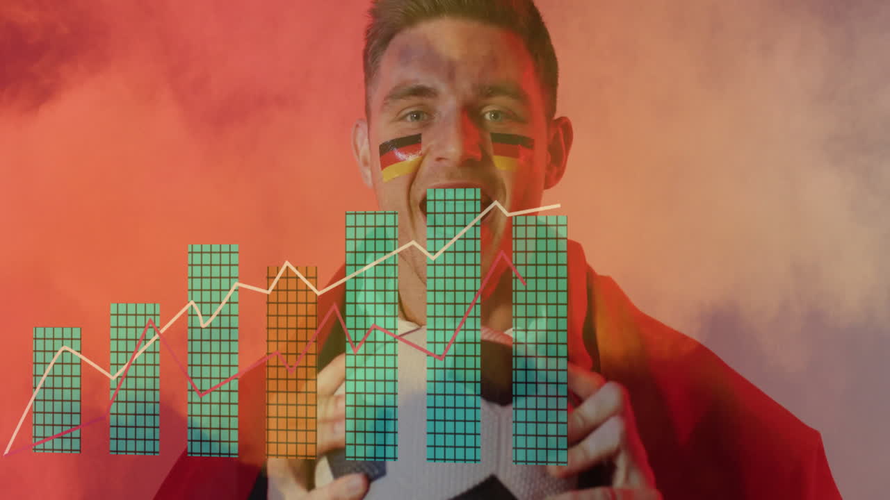 Excited fan with face paint holding soccer ball over financial graph animation