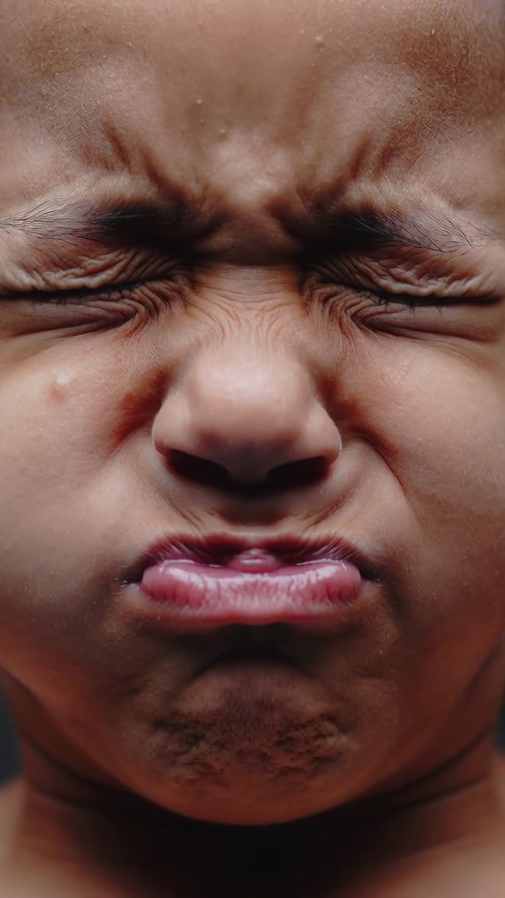 Vertical video: Holding breath child tensing face in studio, squeezing eyes and releasing air