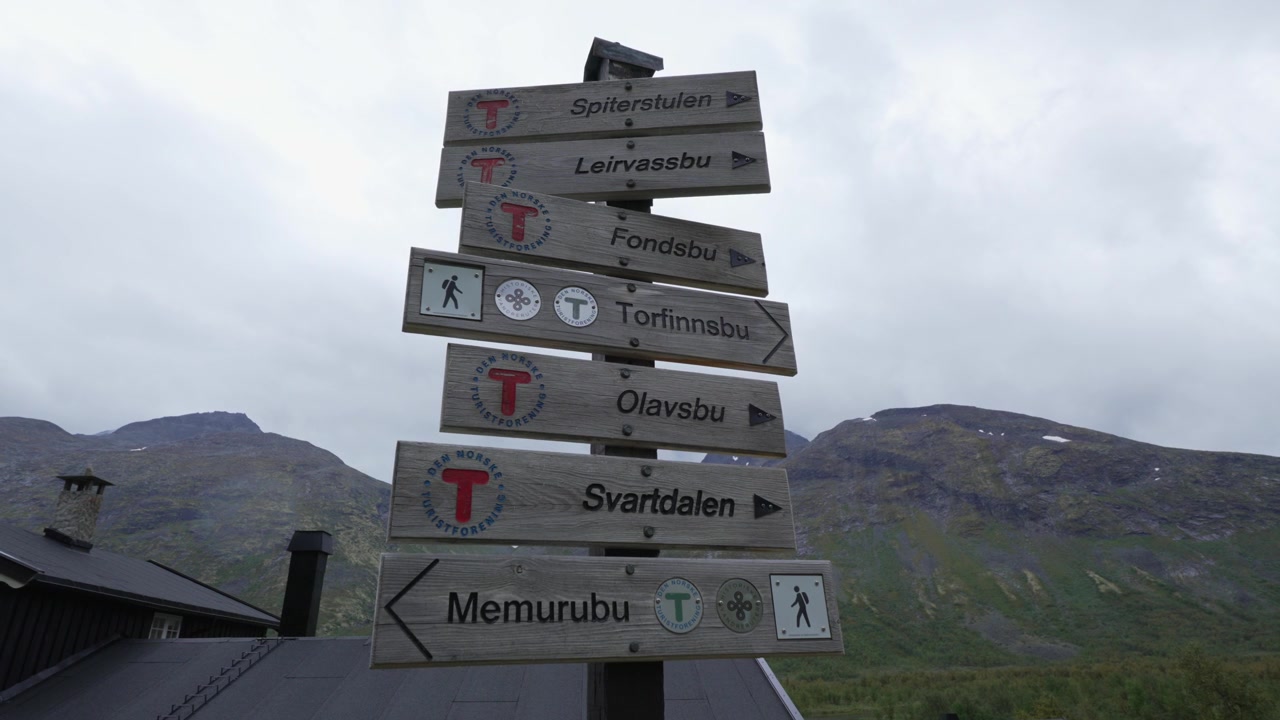 Wooden trail signpost in the Norwegian mountains, consisting of 6 signs marking hiking routes to different huts and cabins. Scenic alpine backdrop under a cloudy sky during daytime.