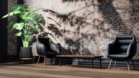 Vertikales-Innendesign,-Modernes-Studio-Apartment-Wohnzimmer-Mit-Sofa,-Couch-Und-Schatten-Spendender-Palme-Auf-Der-Apartmentwand,-Animationshintergrund,-3D-Rendering