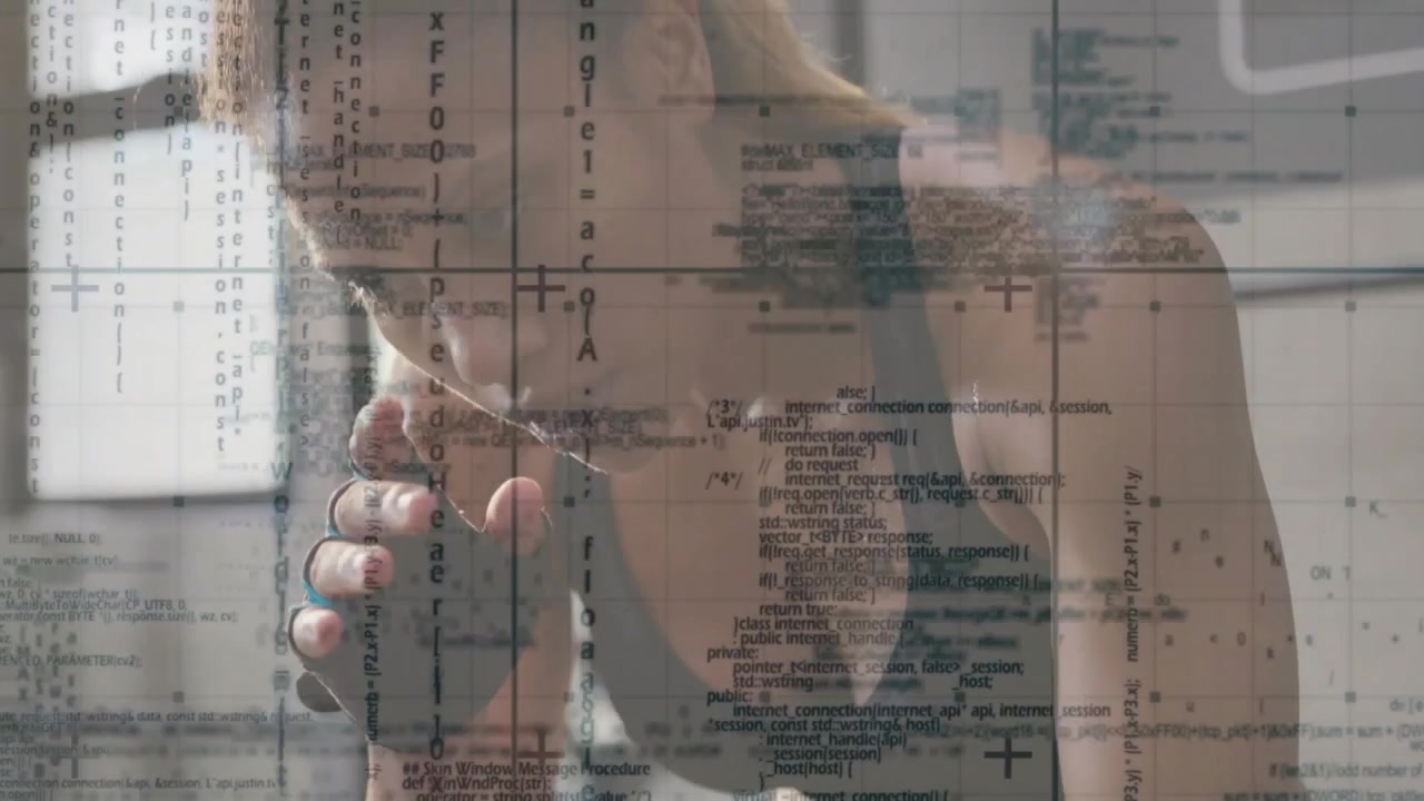 Woman post-set, leaning and wiping face with wrapped hand while tech grid showing recovery boxing