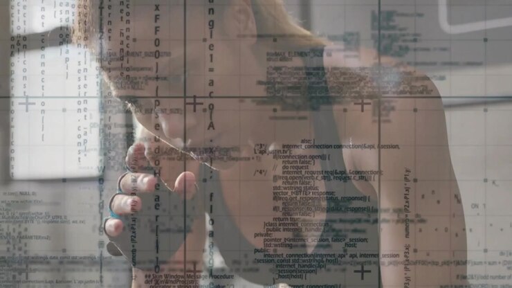 Woman post-set, leaning and wiping face with wrapped hand while tech grid showing recovery boxing