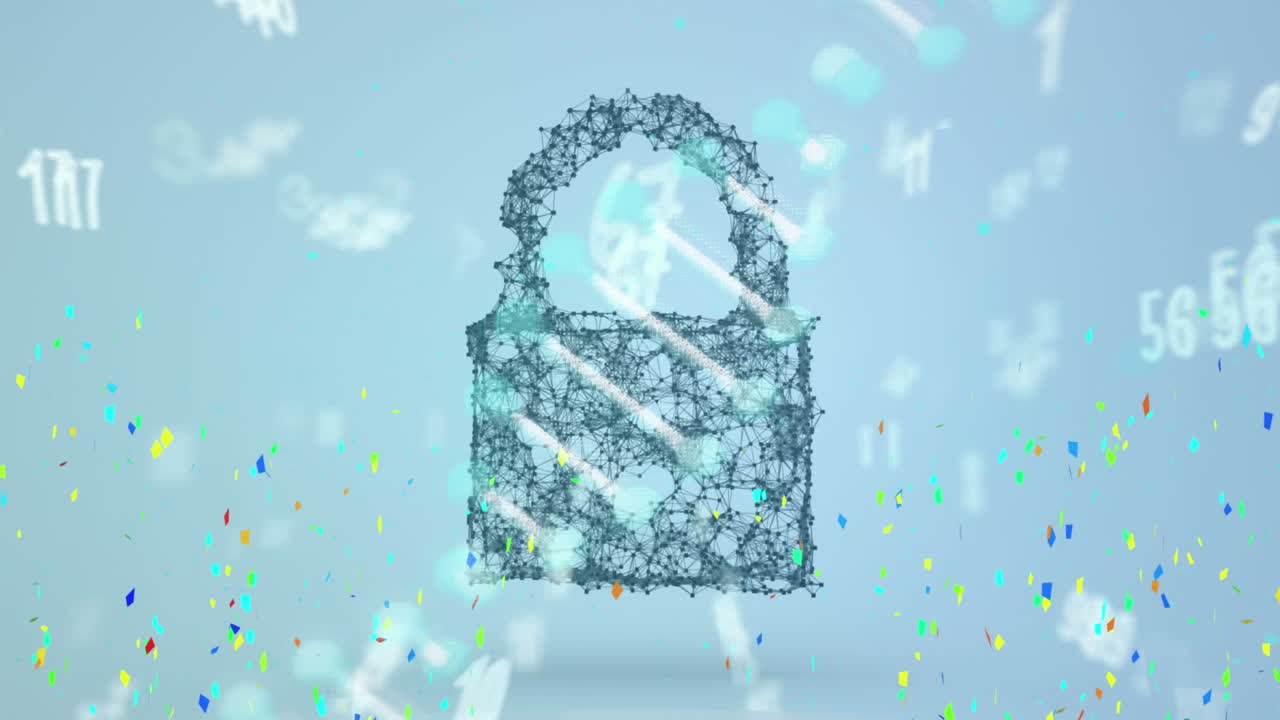 보안 잠금 아이콘과 dna 구조가 회전하는 콘페티가 떨어지는 디지털 애니메이션