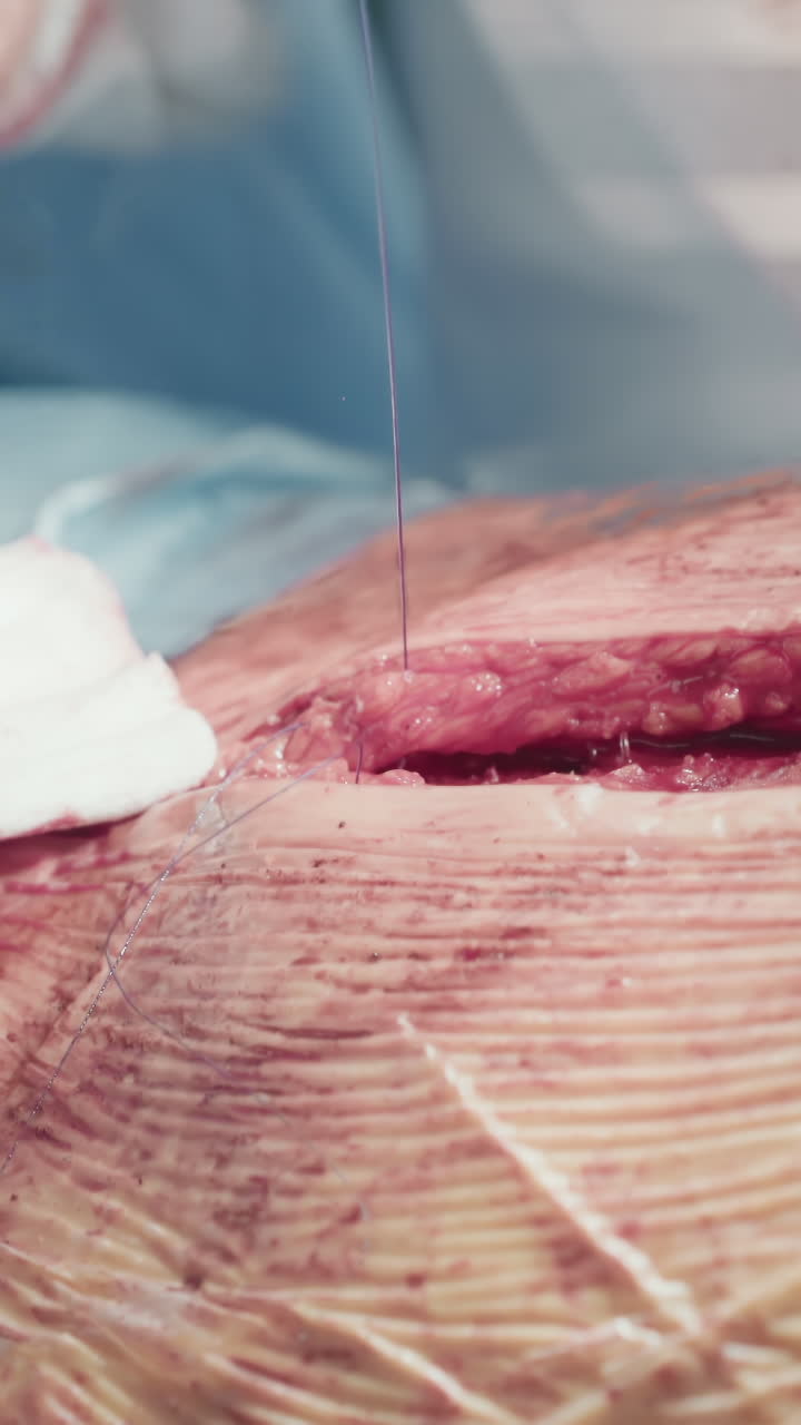 외과 의사의 손은 피부, 얼굴 층을 닫습니다. 숙련 된 의사는 흡수 가능한 매를 사용합니다. 성공적인 관상동맥 바이파스 수술 후 가 절개를 닫는.