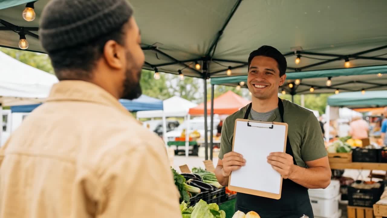 Facing customer vendor in apron with clipboard presenting and smiling selling produce at market