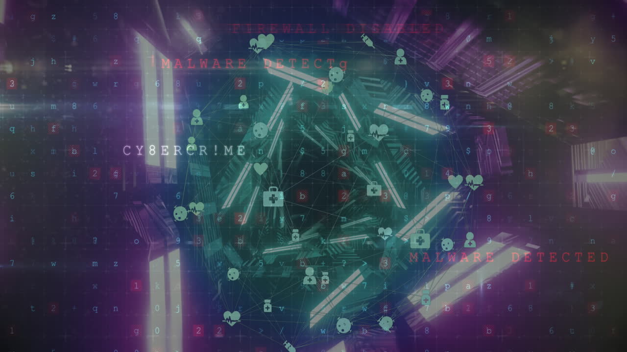 animación de la red de conexiones con iconos y procesamiento de datos a través de túnel de neón.