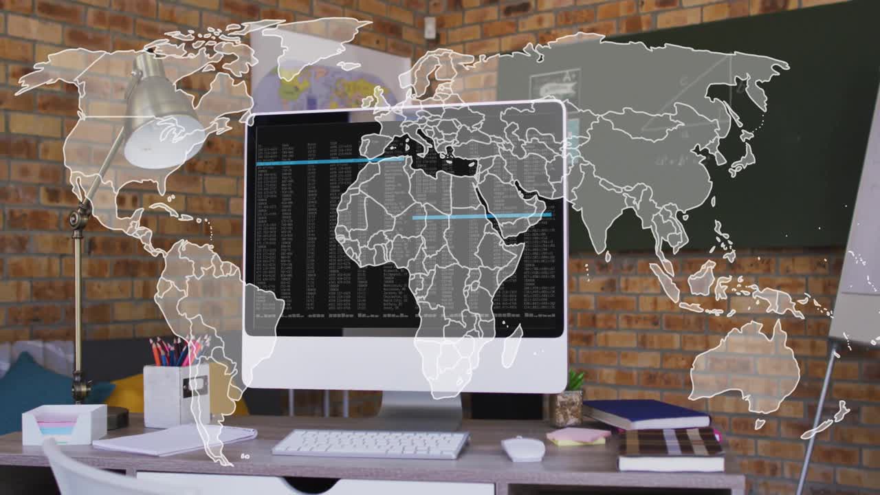 Opening workspace showing code while map outline fading, gliding eastward showing global coverage