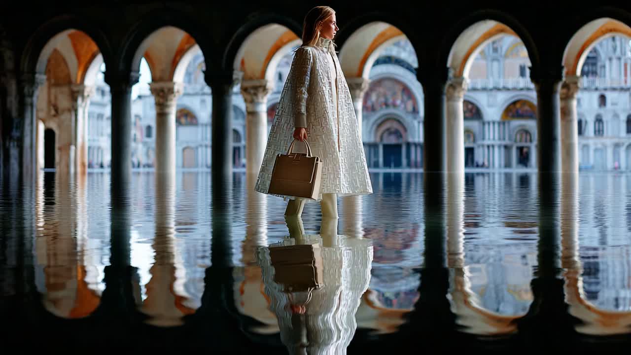 A woman stands in a surreal flooded architectural space, reflecting elegance and fashion against the backdrop of majestic arches, combining modern attire with a classical environment