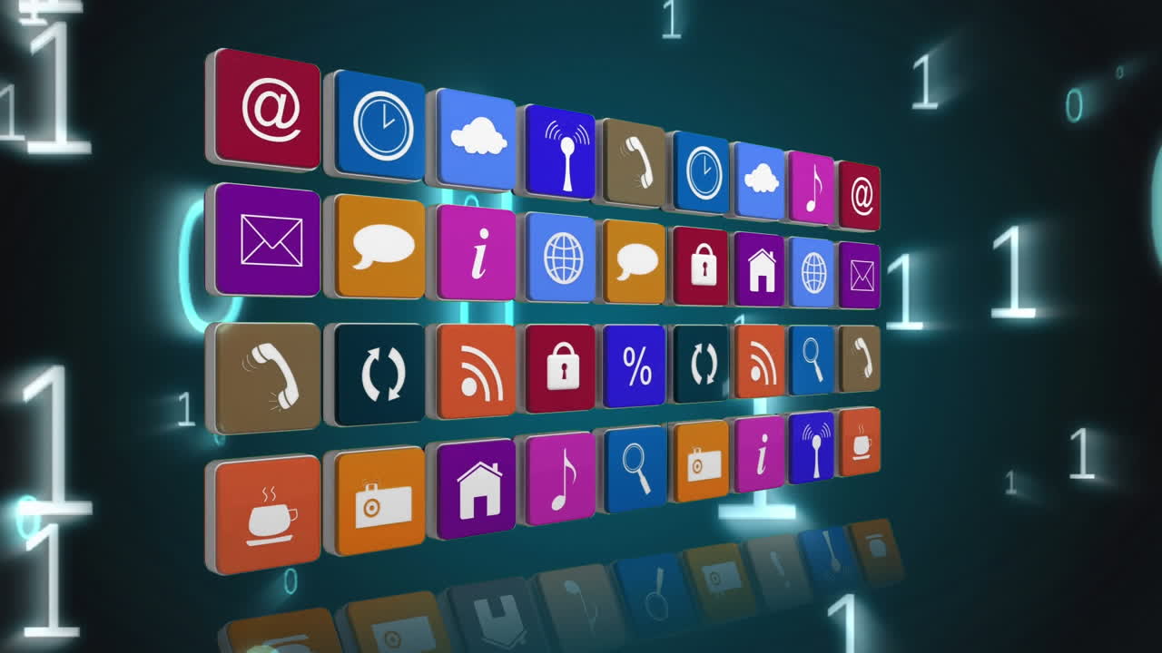 iconos de internet en un cubo con códigos binarios