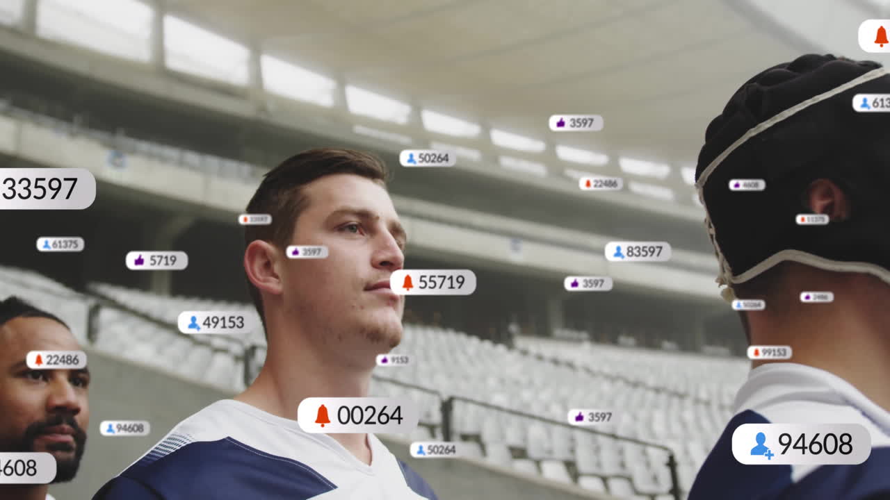 In stadium, athletes running with animation of social media notifications on profiles