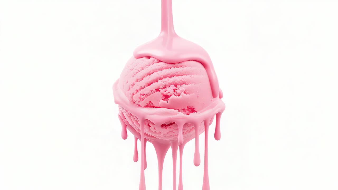 Liquido rosa lucido che si versa su una pallina di gelato rosa in studio, formando lunghe gocce
