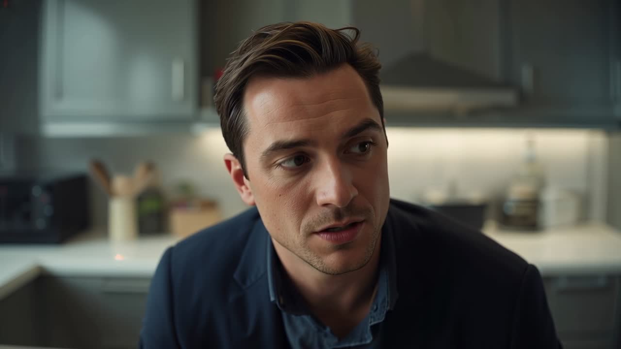 Reacting man wearing navy blazer responding to off camera question in kitchen, pausing by stovetop