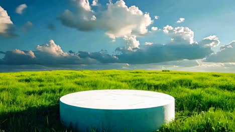 un pedestal blanco en el medio de un campo verde bajo un cielo nublado