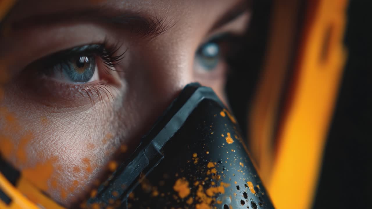 Intense Close-Up of a Determined Individual Wearing a Protective Mask with Vibrant Orange Splashes, Capturing the Essence of Focus and Strength in a Moment of Resolve