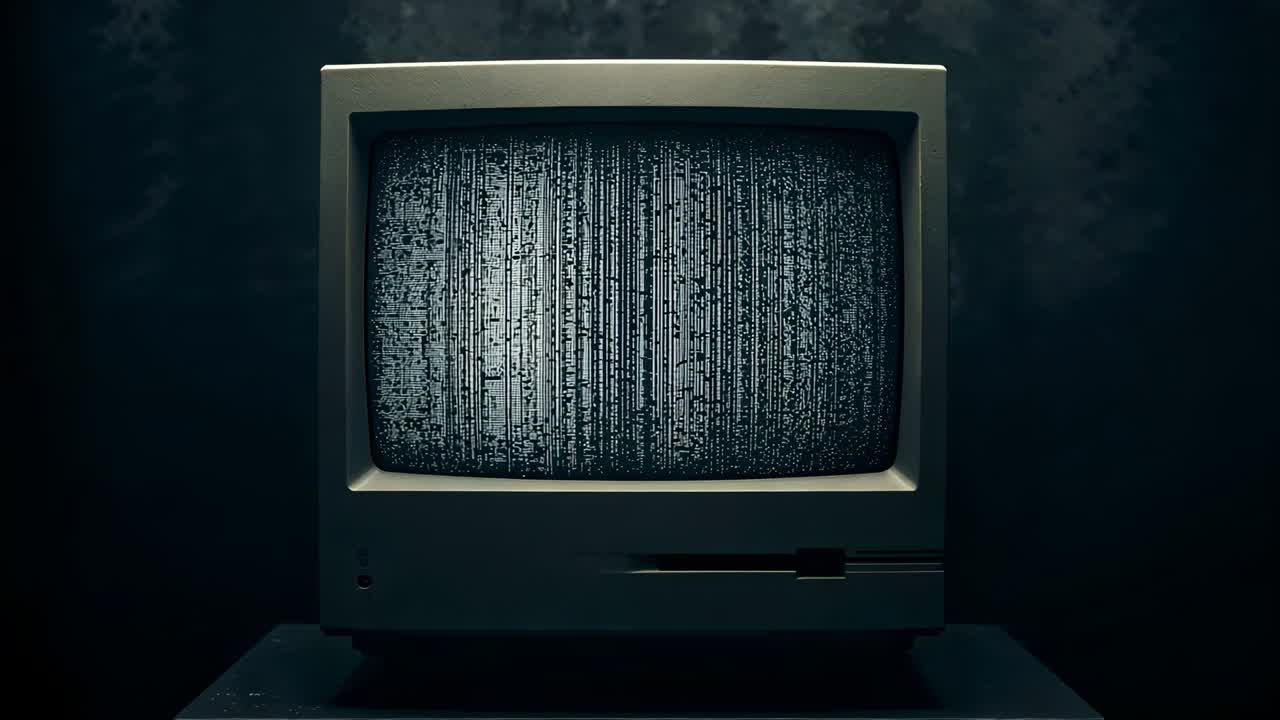 Zooming camera capturing beige CRT monitor displaying shifting static for close-up view in studio