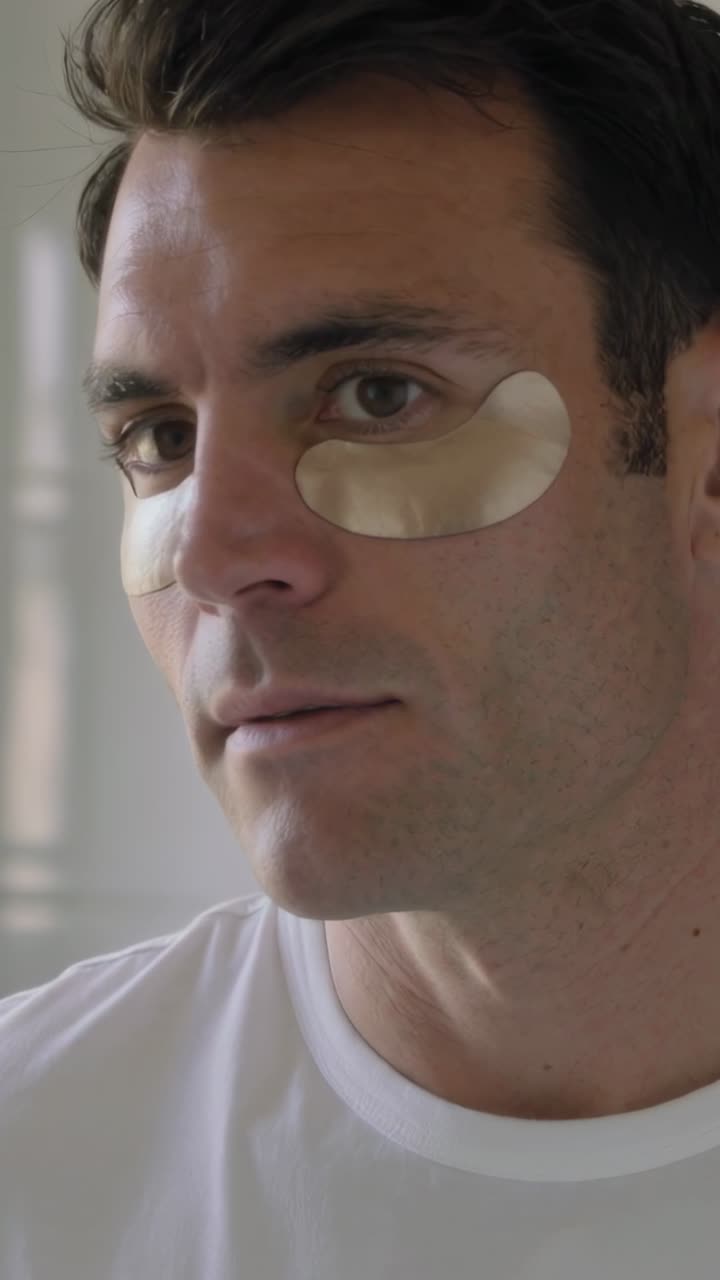 Vertical video: Checking man turning to mirror after putting on gold patches in bath, in white tee