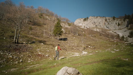 Hiker-walking-with-hiking-poles-up-a-hill-on-a-mountain-in-spring,-decduous-trees-still-with-no-leaves,-clear-blue-sky