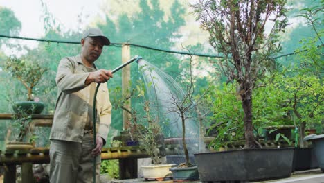 African-american-male-gardener-watering-plants-at-garden-center