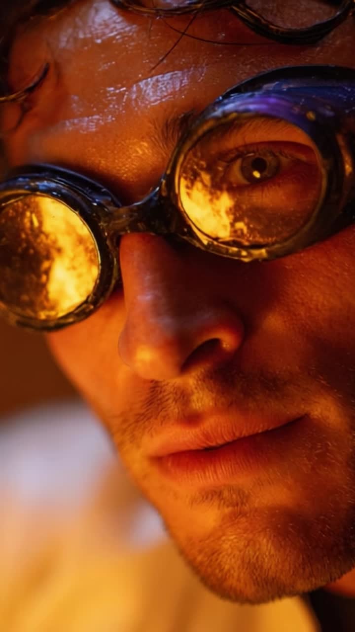A Close-Up Exploration of a Man with Unique Goggles Illuminated by Fiery Light, Capturing Emotion and Intensity in a Visually Striking Portrait