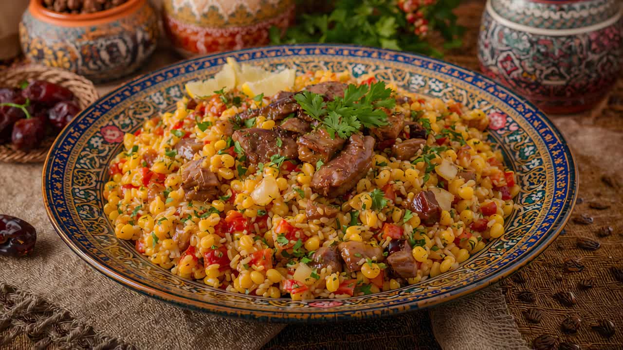 Cámara en movimiento revelando un plato de cerámica ornamentado con ensalada de maíz y carne sellada sobre una mesa con mantel.