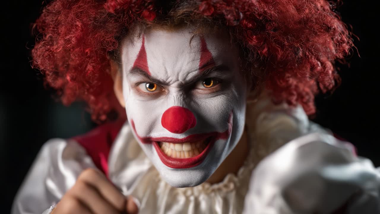 A menacing clown with red hair and dramatic makeup showcases a fierce expression, capturing the essence of fright and intimidation in a captivating performance