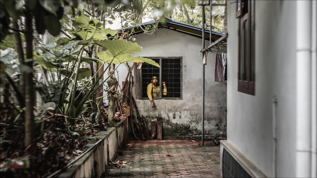 A beautiful and perfect 4k hyperlapse of a caged girl through a veranda into her pupil's of her eyes. This is a concept art captured picture by picture to combine into this art form.4k, crystal clear.