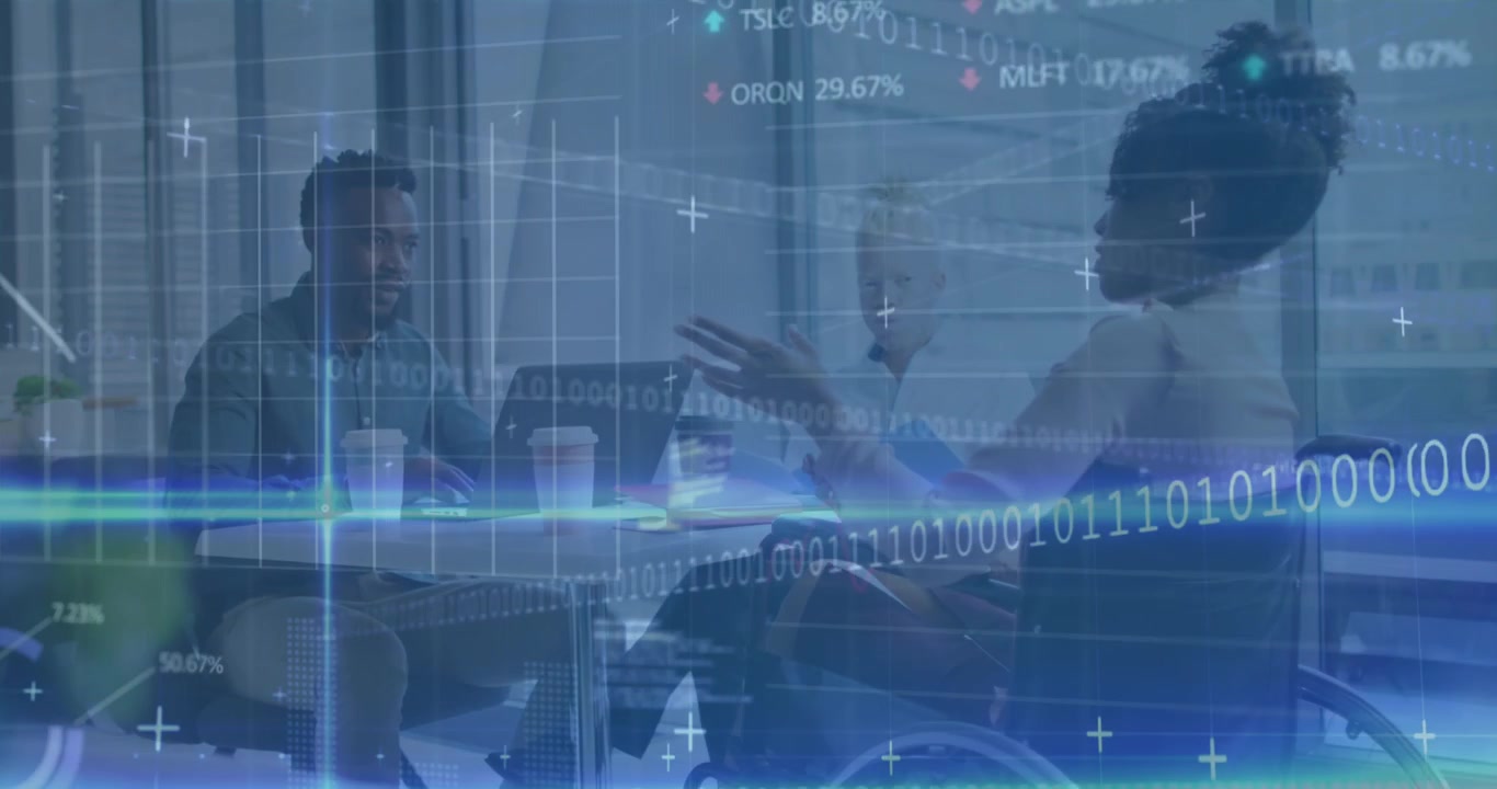 Animation of finance data moving against multiracial colleagues discussing in office