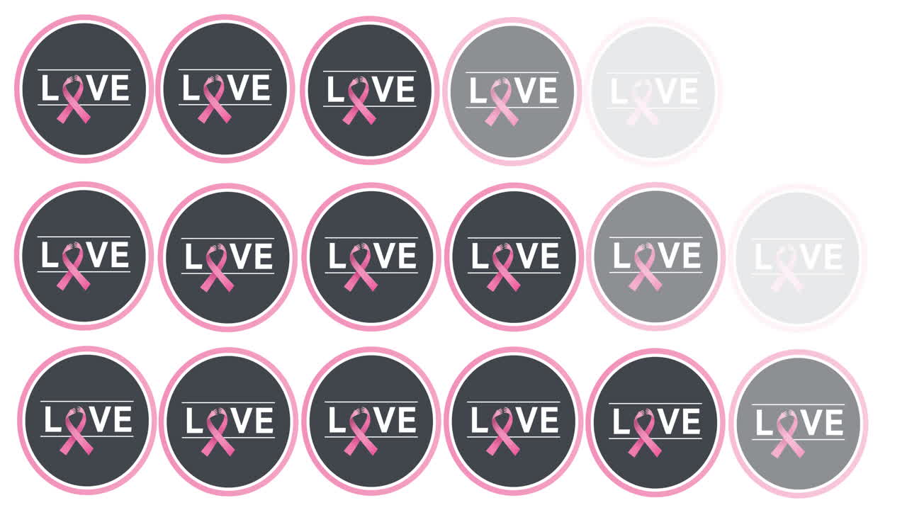 Animazione di più loghi a nastro rosa e della scritta "amore" che appaiono su sfondo bianco