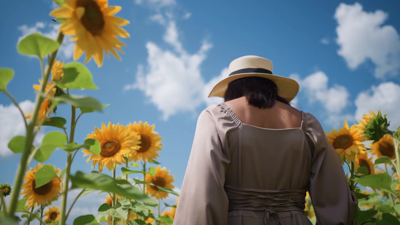 Donna con cappello a tesa larga e vestito ampio cammina lentamente tra alti girasoli sotto un cielo azzurro brillante con nuvole sparse. Le teste dei girasoli ondeggiano dolcemente intorno a lei, i loro petali gialli vibranti