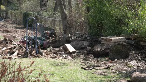 a man pushes a wheelbarrow full of fire wood