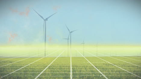 wind turbines spinning across grassy field, showing flat design glowing digital grid overlay