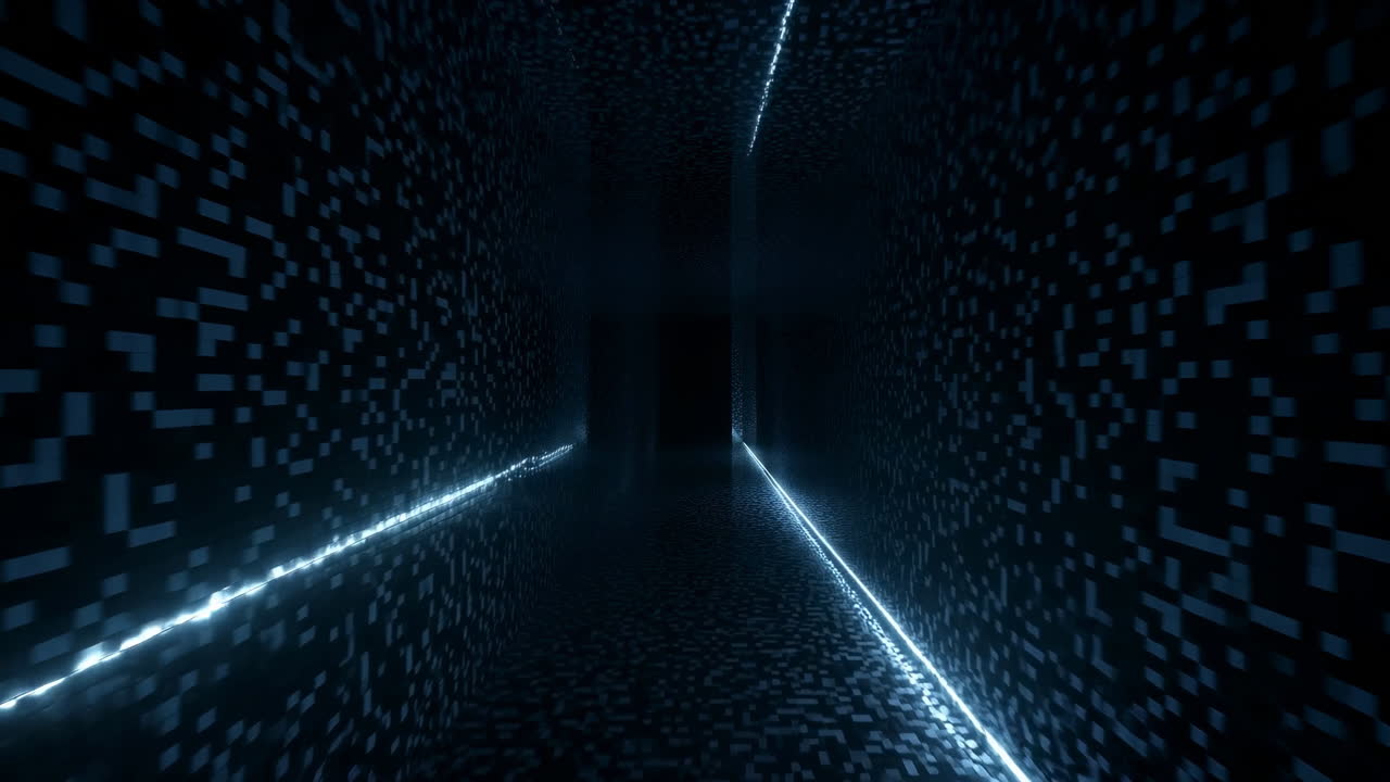 Dark Digital Corridor Neon Guide Lines, Endless Vanishing Point Framed By Pulsing Pixels And Reflective Floor,