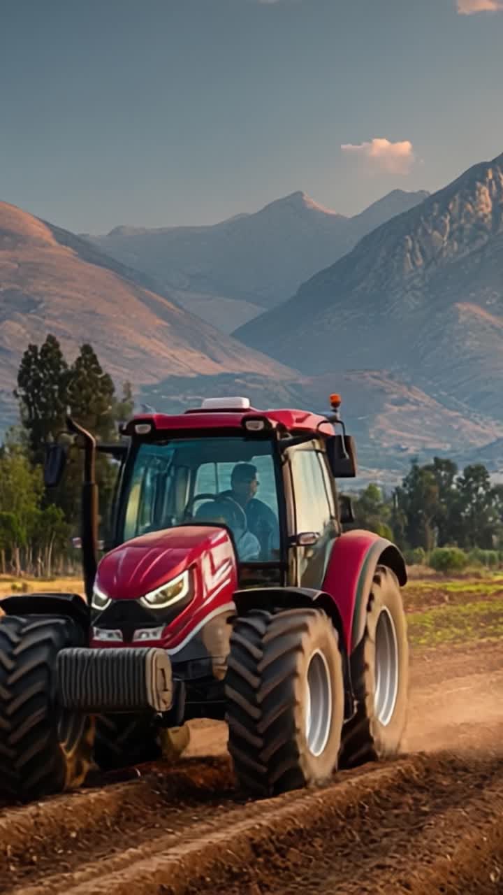 Un trattore moderno in movimento: che sfrutta la potenza agricola su uno splendido sfondo montano durante l'ora d'oro.