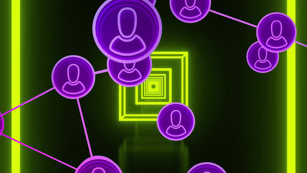 Animation of data processing and purple people icons on dark background
