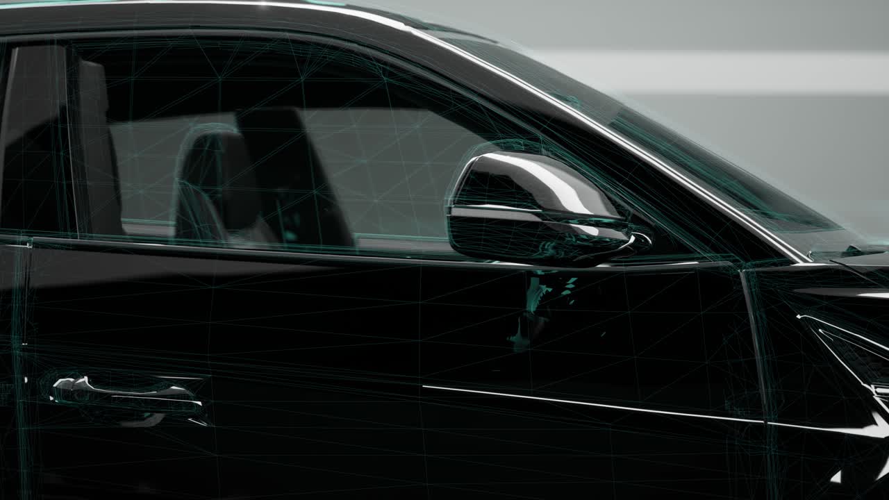 Primo Piano Della Portiera E Dello Specchietto Laterale Di Un'auto Moderna Con Sovrapposizione Wireframe