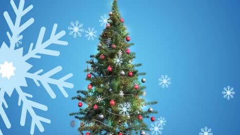 Animation-of-snow-falling-over-christmas-tree-on-blue-background