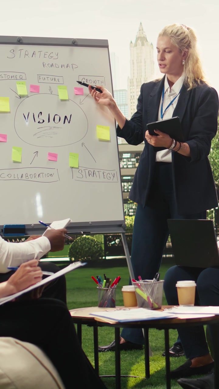 Vertical Video Businesswoman pointing at action plan timeline on whiteboard