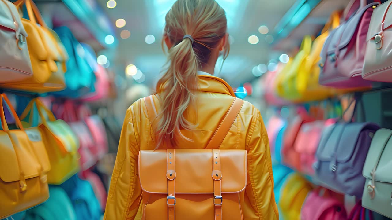 Woman with yellow backpack in a colorful handbag store