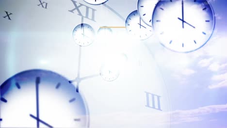 animation of new year text over looping counting down watches over clock against cloudy sky