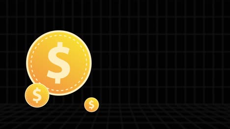 animación de monedas de dólar aislada en fondo de cuadrícula negra